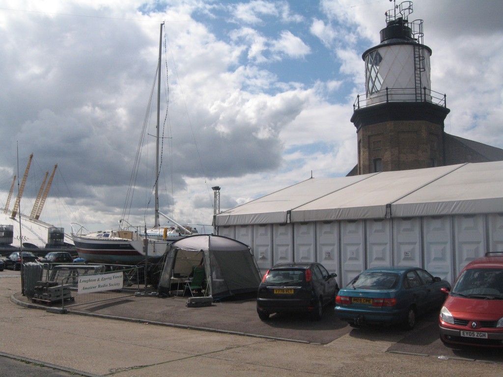 HF shack is in the tent, 2m outside. One end of the sloping doublet is attached to the top of the Trinity Buoy lighthouse.